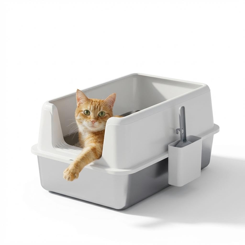 Large Enclosed Stainless Steel Cat Litter Box with Lid H95259