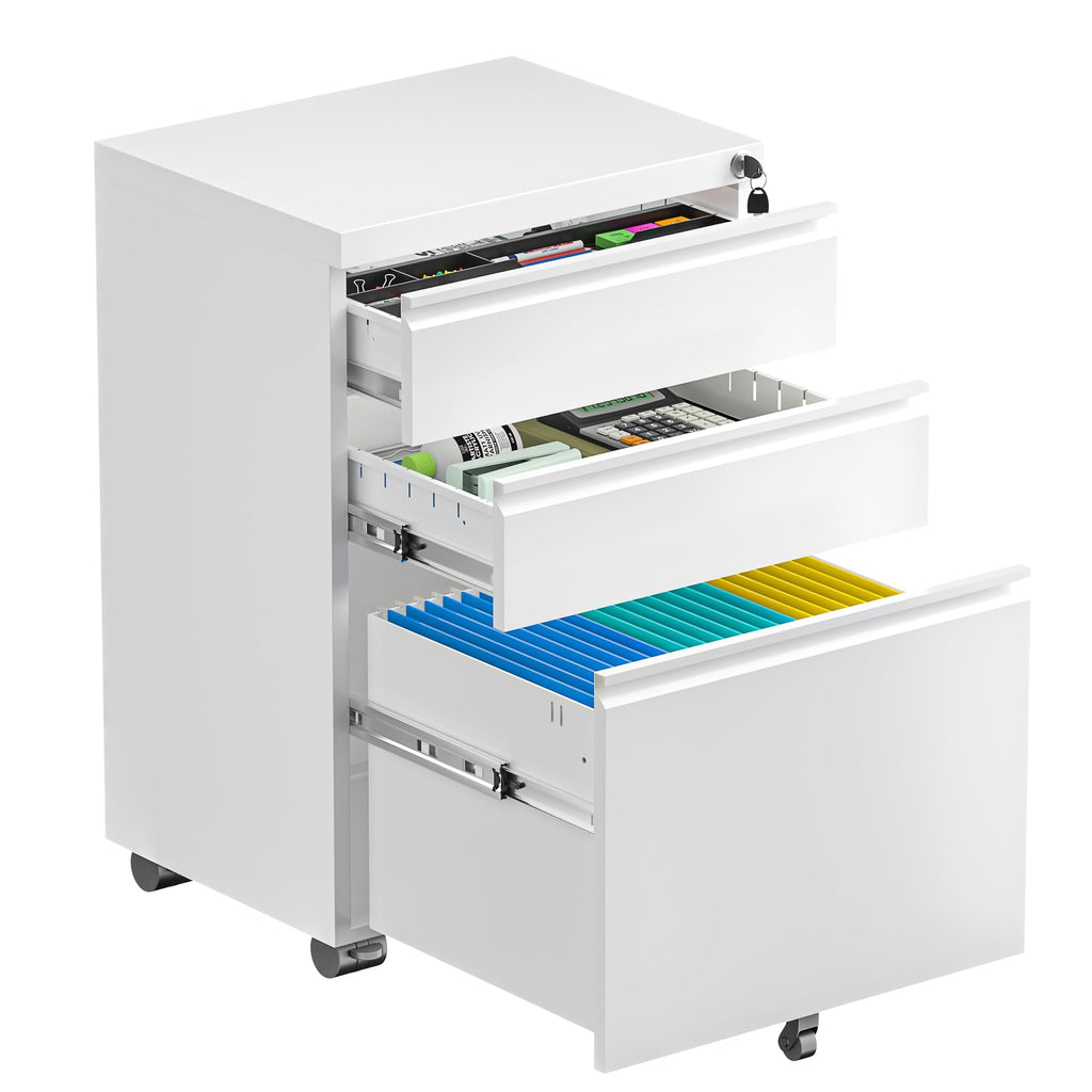 Fully Assembled 3 Drawer White Metal Rolling File Cabinet with Lock T1556