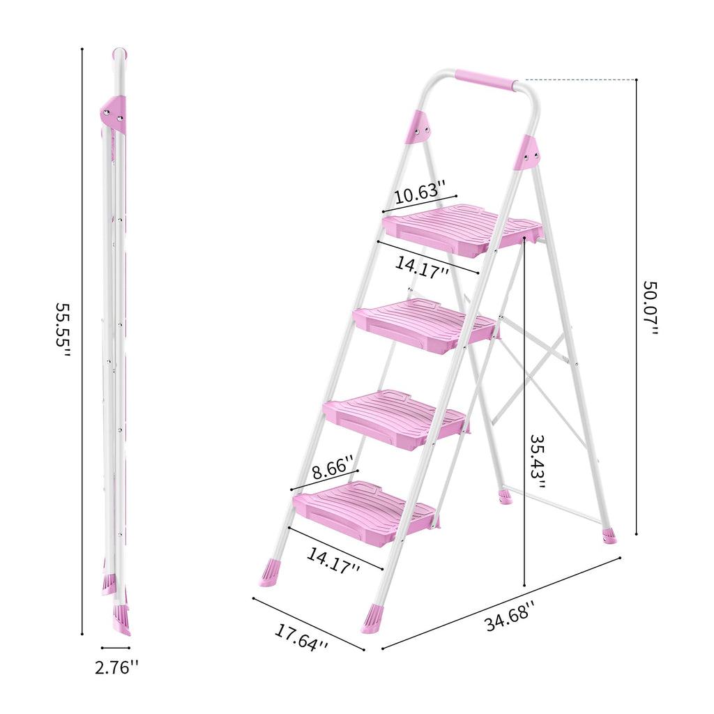 4 Step Pink Foldable Step Stool with Handrail D8157