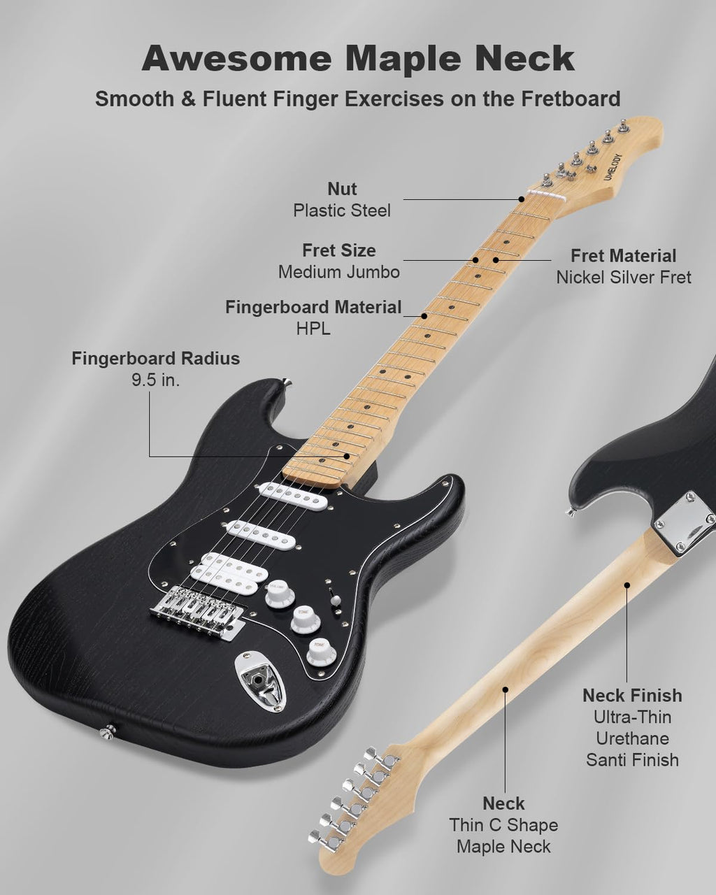 39" Beginner Electric Guitar Kit with Amp & HSS Pickups Black J623
