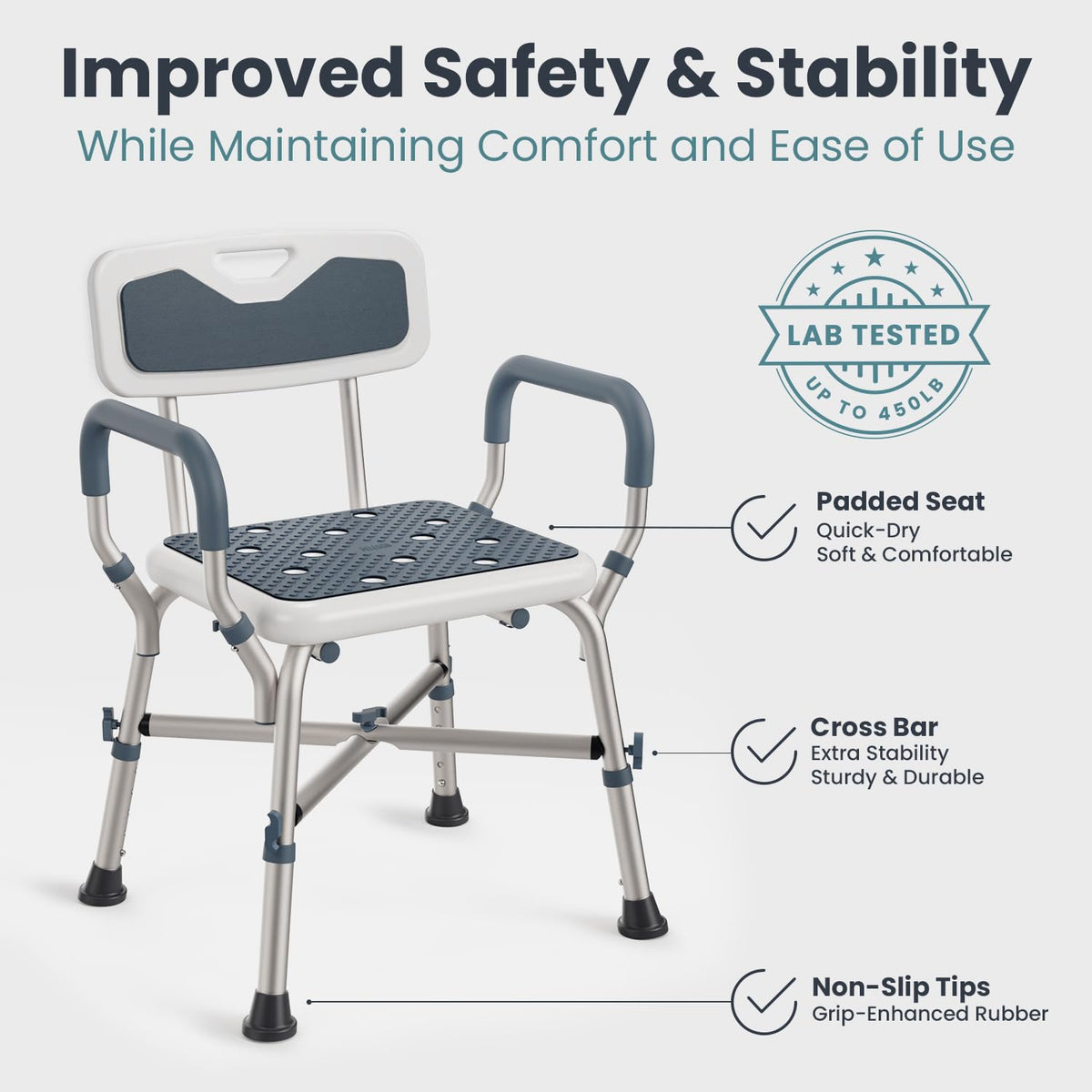 Blue Adjustable Shower Chair with Padded Armrests and Back K5022