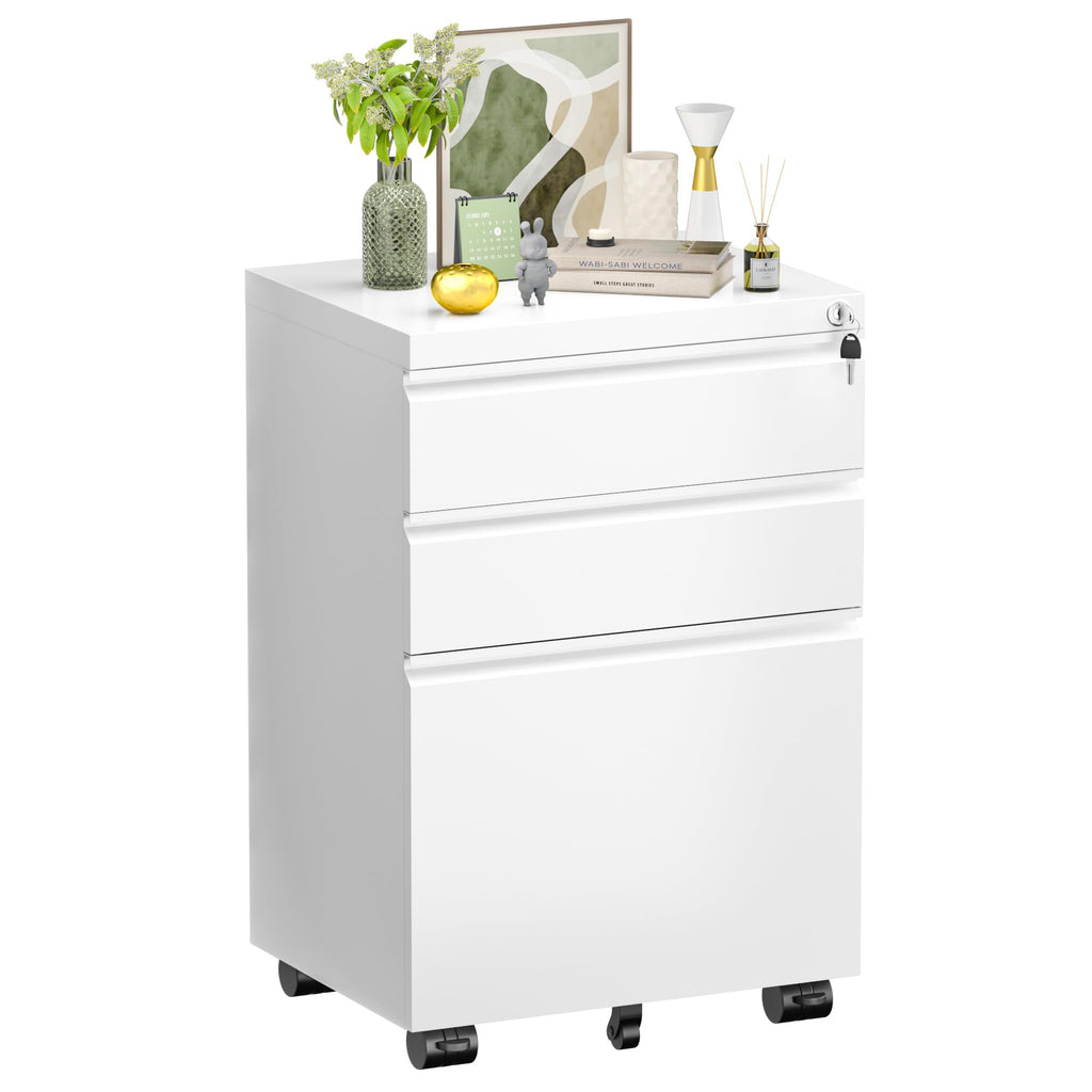 Fully Assembled 3 Drawer White Metal Rolling File Cabinet with Lock T1556