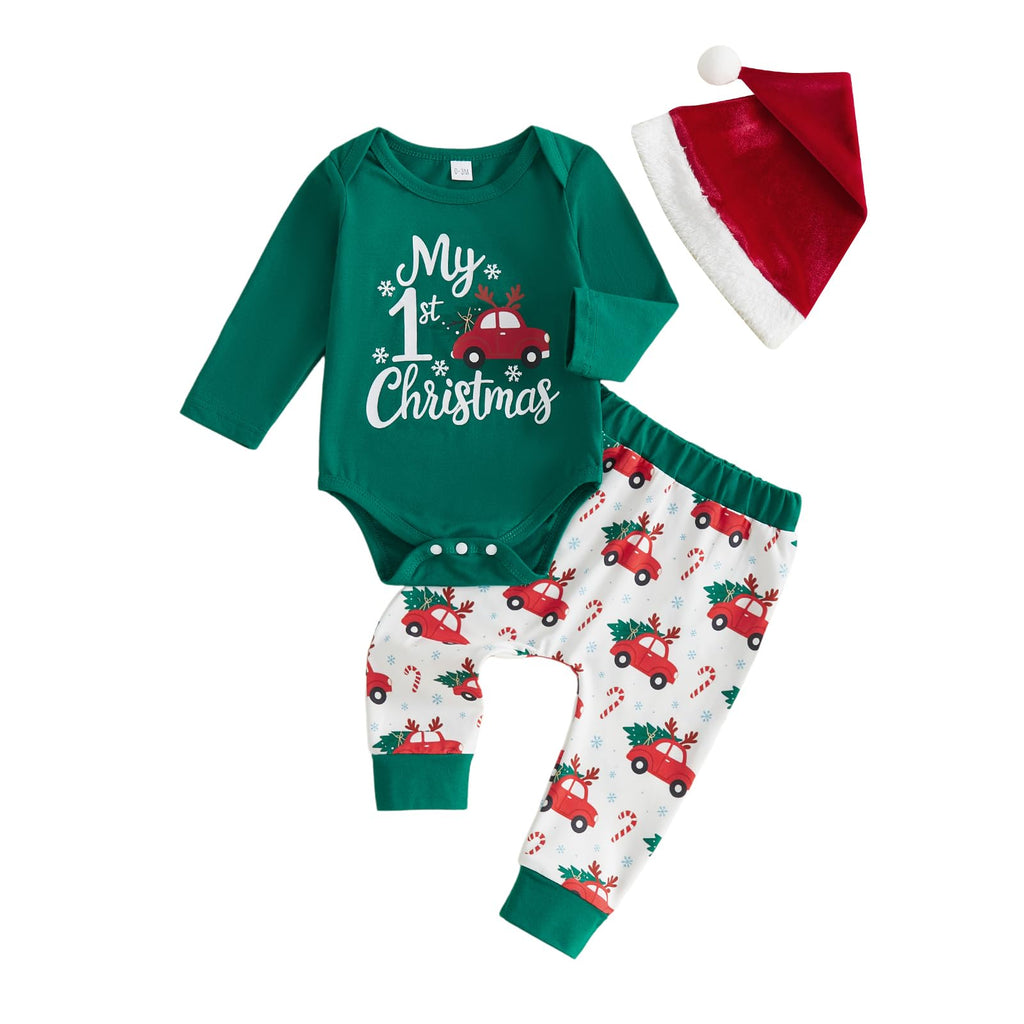 My First Christmas Baby Boy Outfit Romper Pants Hat V62652