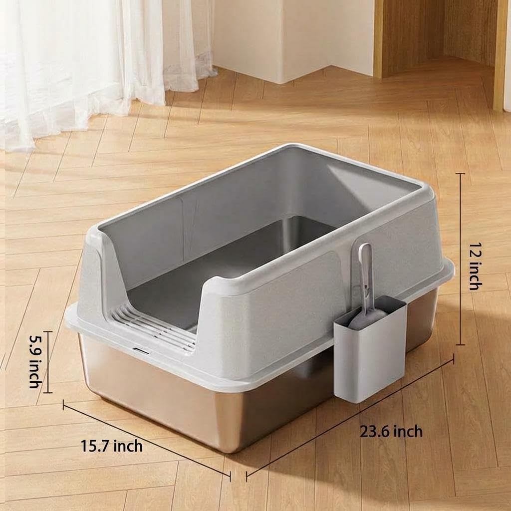 Large Enclosed Stainless Steel Cat Litter Box with Lid H95259