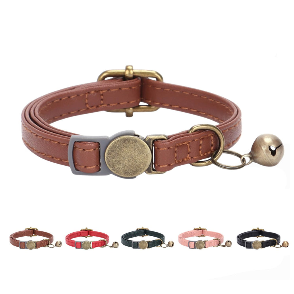 Leather Cat Collar with Bell Breakaway Adjustable Brown B157681