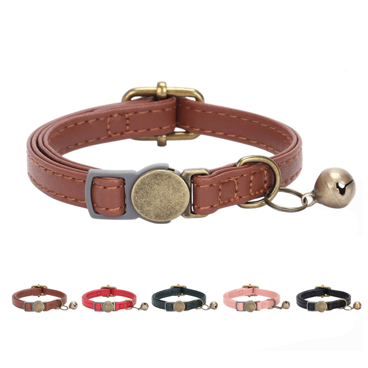Leather Cat Collar with Bell Breakaway Adjustable Brown B157681