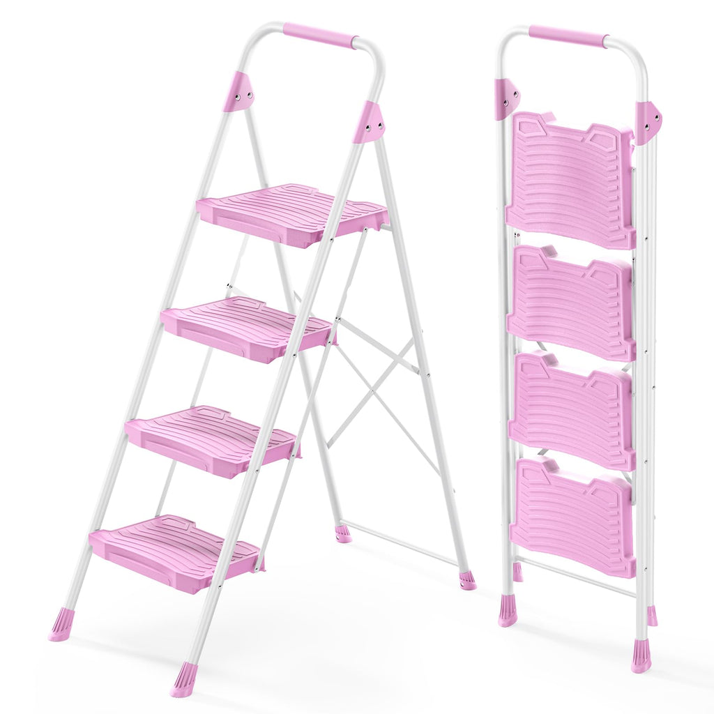 4 Step Pink Foldable Step Stool with Handrail D8157