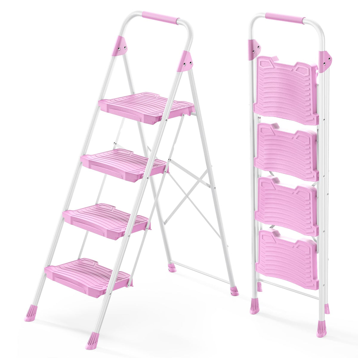 4 Step Pink Foldable Step Stool with Handrail D8157