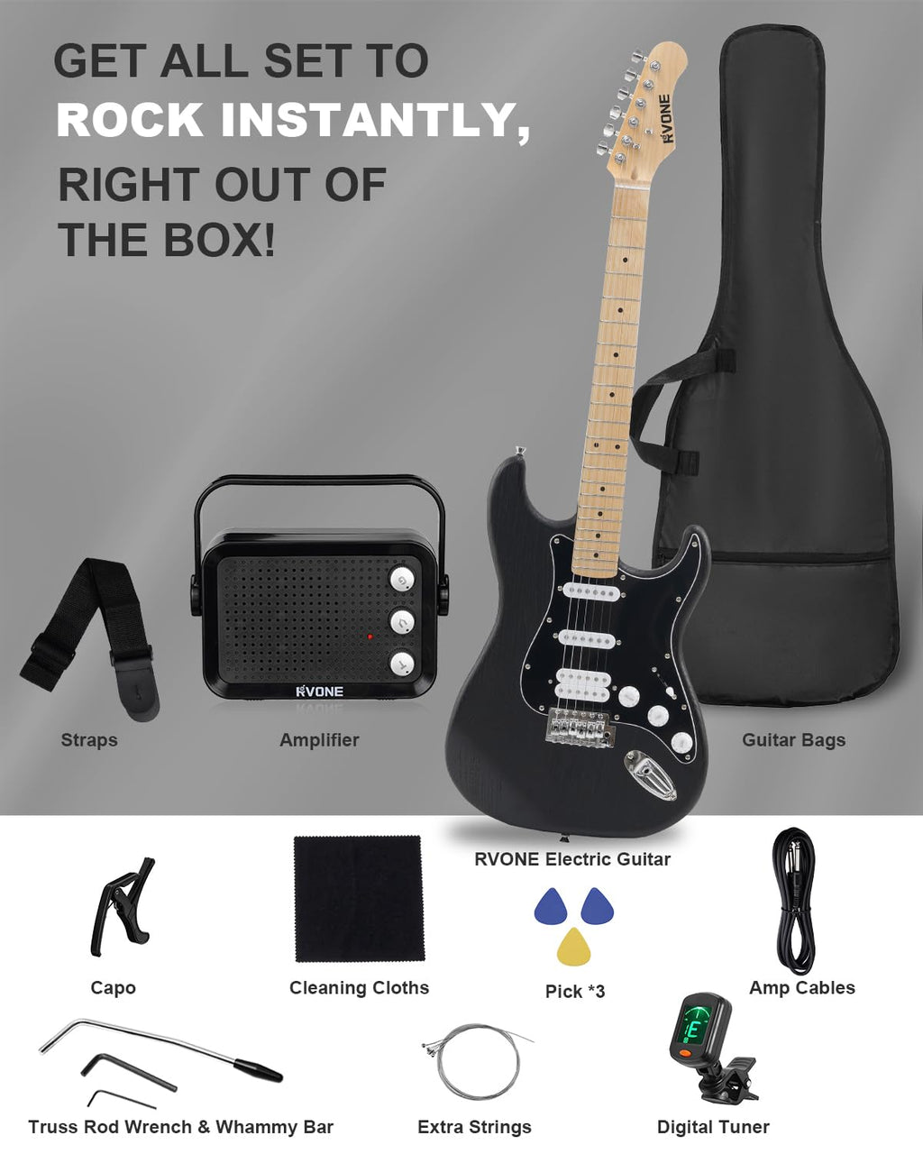 39" Beginner Electric Guitar Kit with Amp & HSS Pickups Black J623