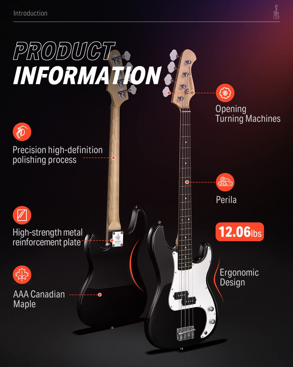 Electric Bass 4 Strings Full-Size Guitar Kit PB-Style Black A616