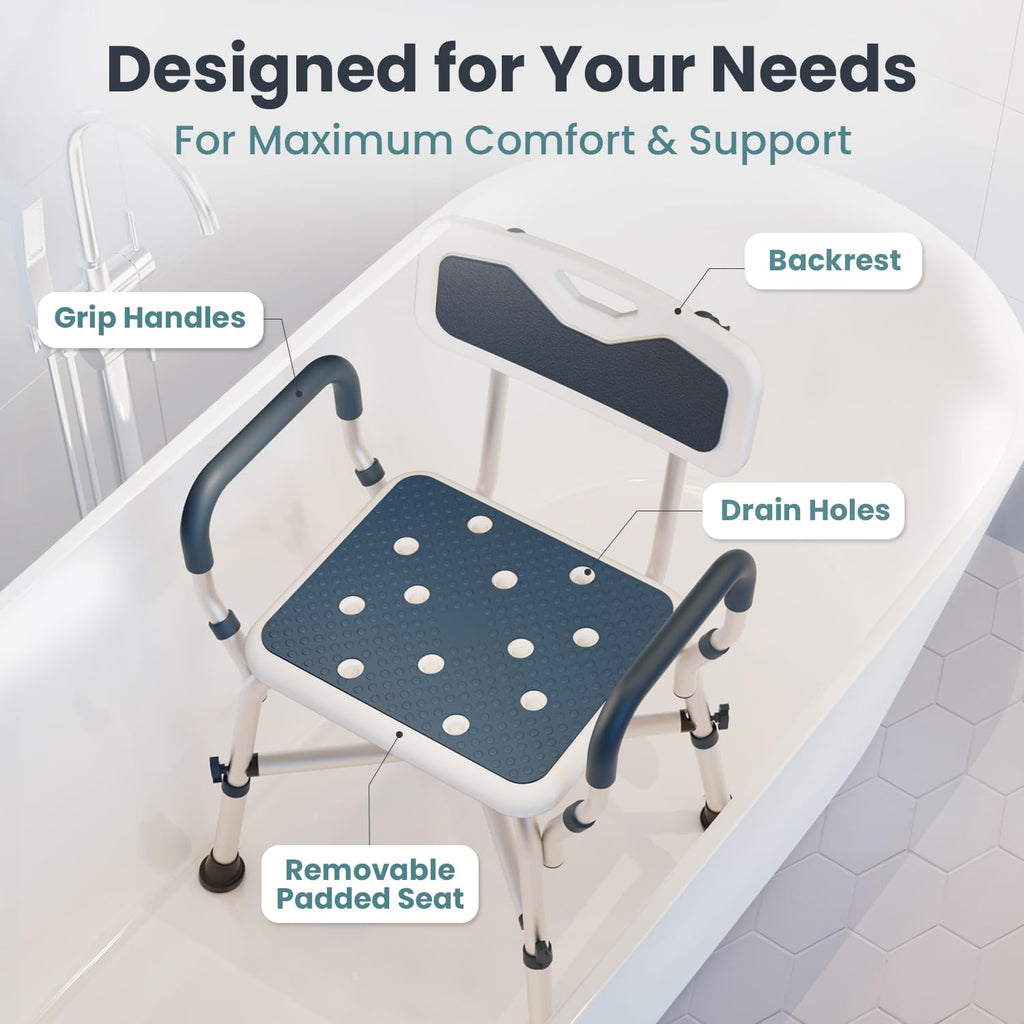 Blue Adjustable Shower Chair with Padded Armrests and Back K5022