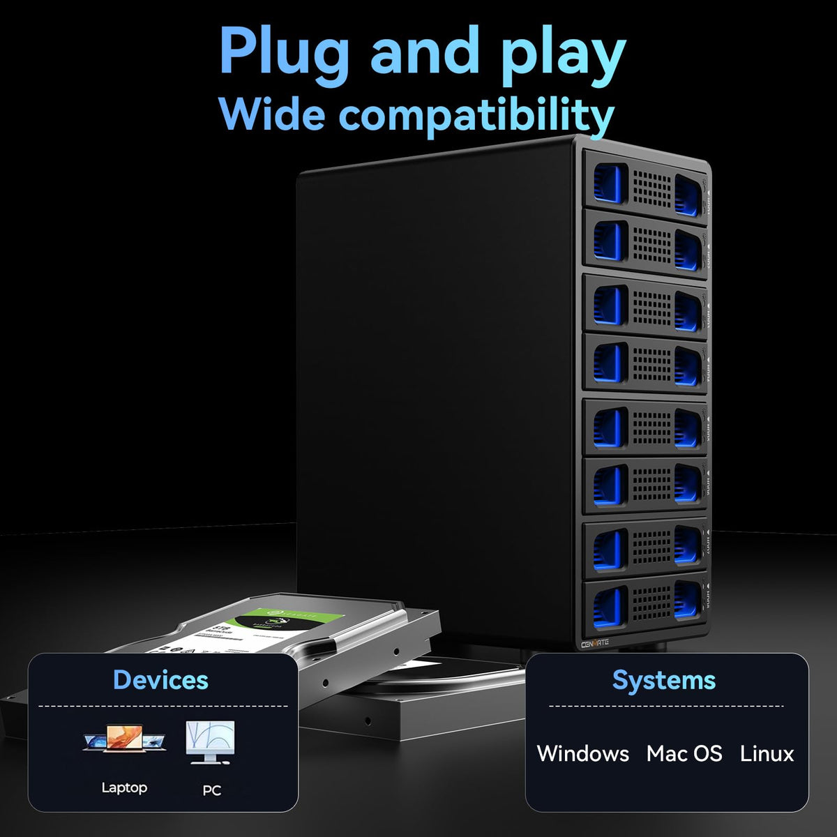 Aluminum 8 Bay Hard Drive RAID Enclosure with Cooling Fan Q33528