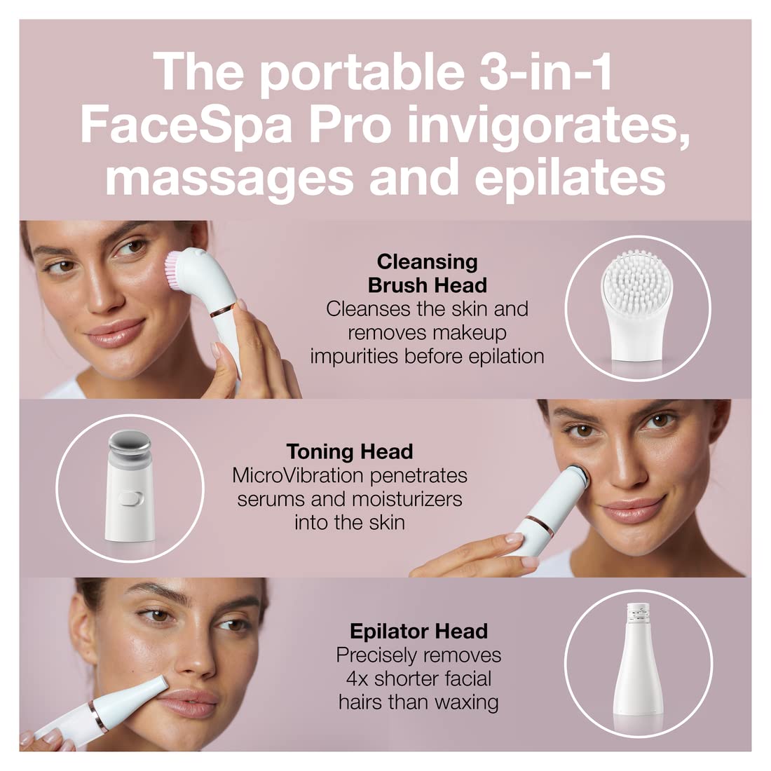 Facial Hair Removal Device 3-in-1 Epilating Cleansing Brush and Skin Toning C514