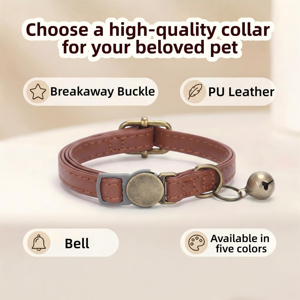 Leather Cat Collar with Bell Breakaway Adjustable Brown B157681