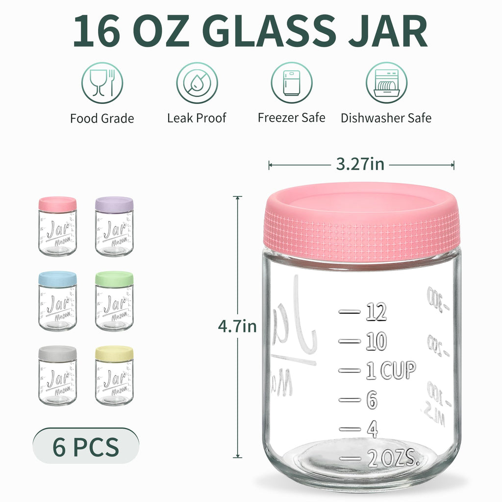 6 Pack 16 oz Glass Containers with Lids L58967