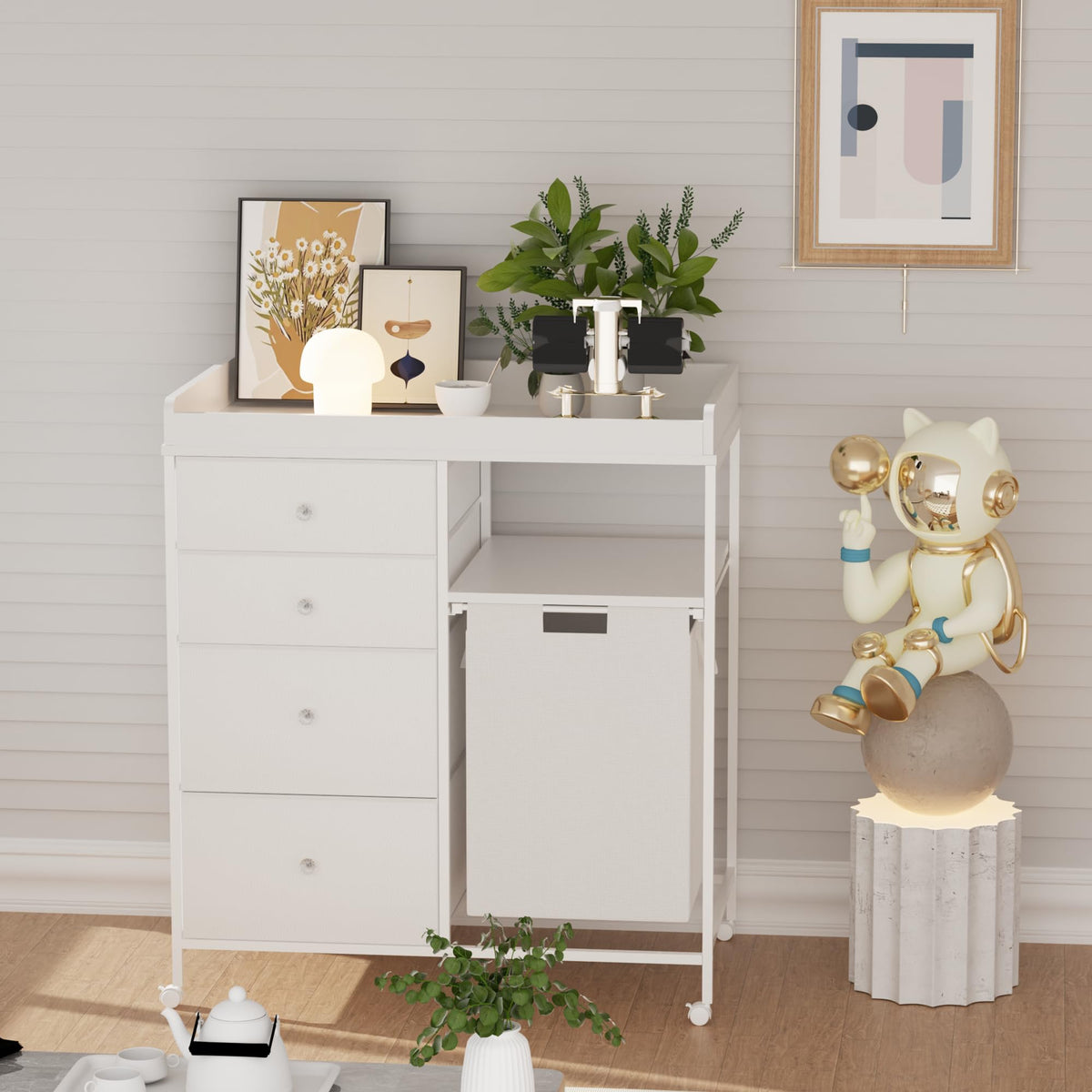 White 4 Drawer Changing Table Dresser with Laundry Hamper V159792