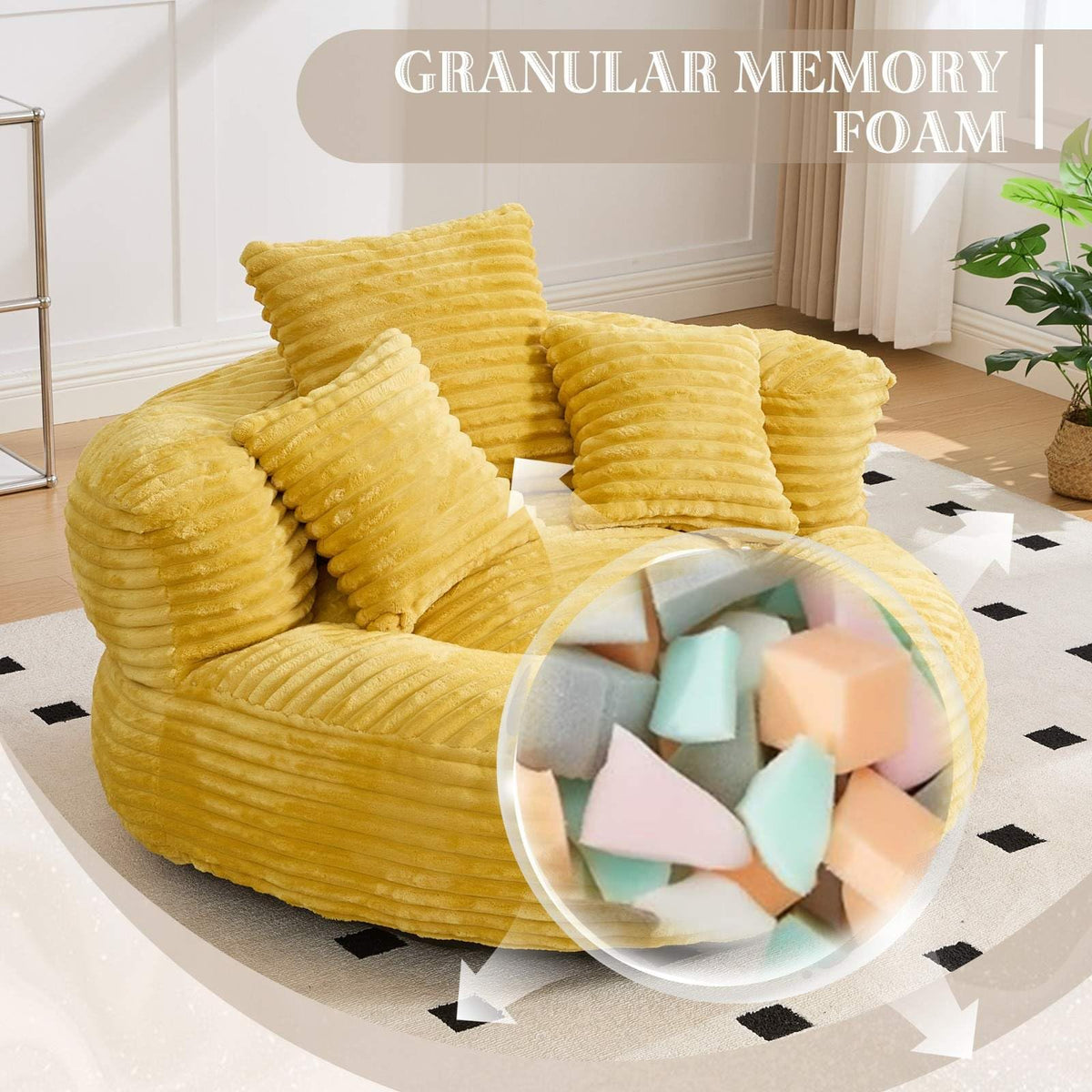 Oversized Corduroy Bean Bag Chair with 3 Pillows P516