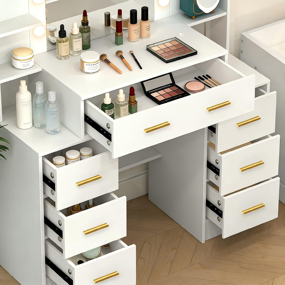 Makeup Vanity with Lights and Mirror, 7 Drawers, 6 Shelves, 10 Lights G3495