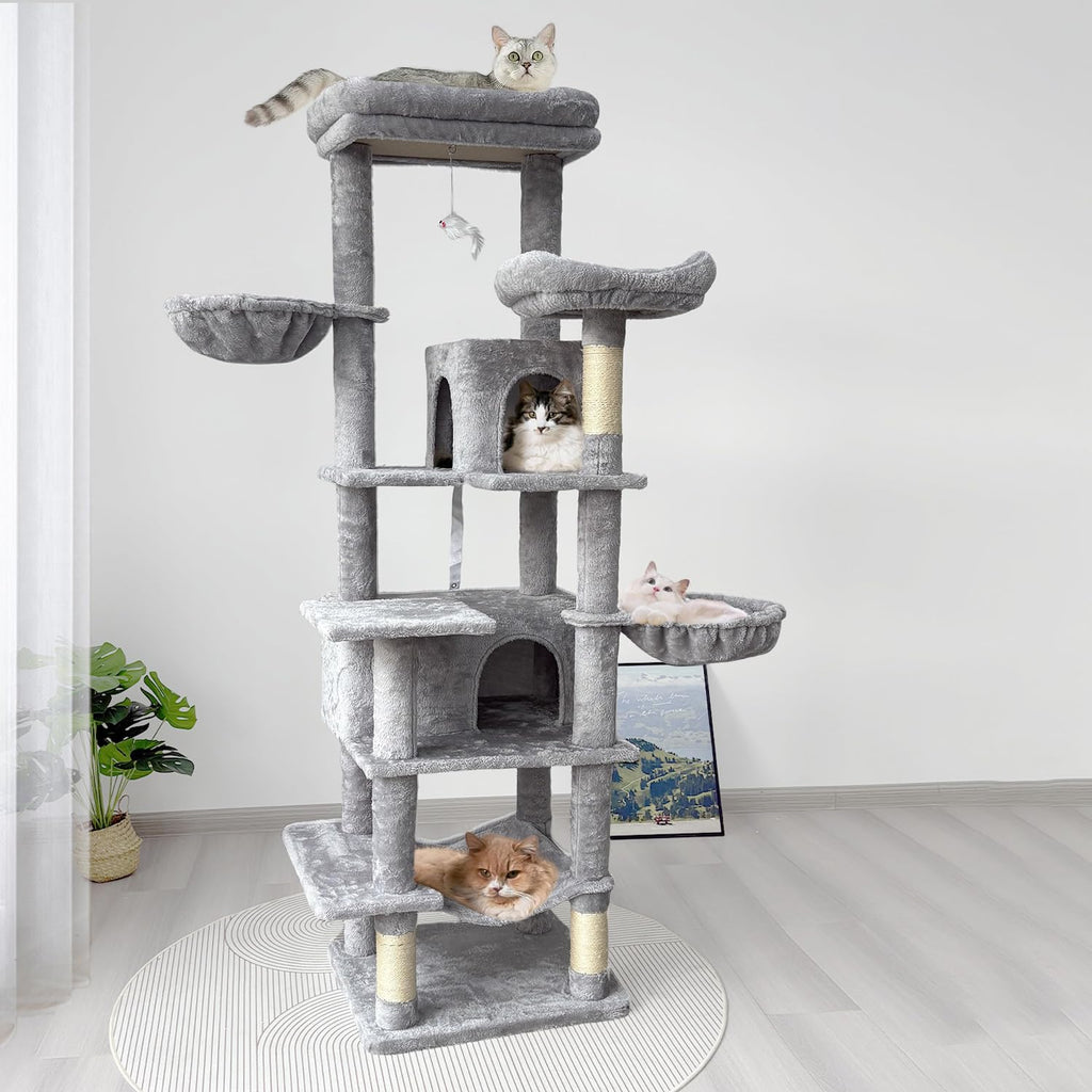 68 Inches Tall Multi-Level Cat Tree with Hammock and Light Gray F8458