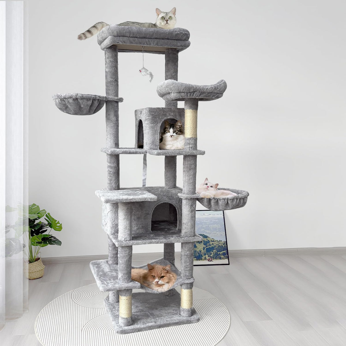 68 Inches Tall Multi-Level Cat Tree with Hammock and Light Gray F8458