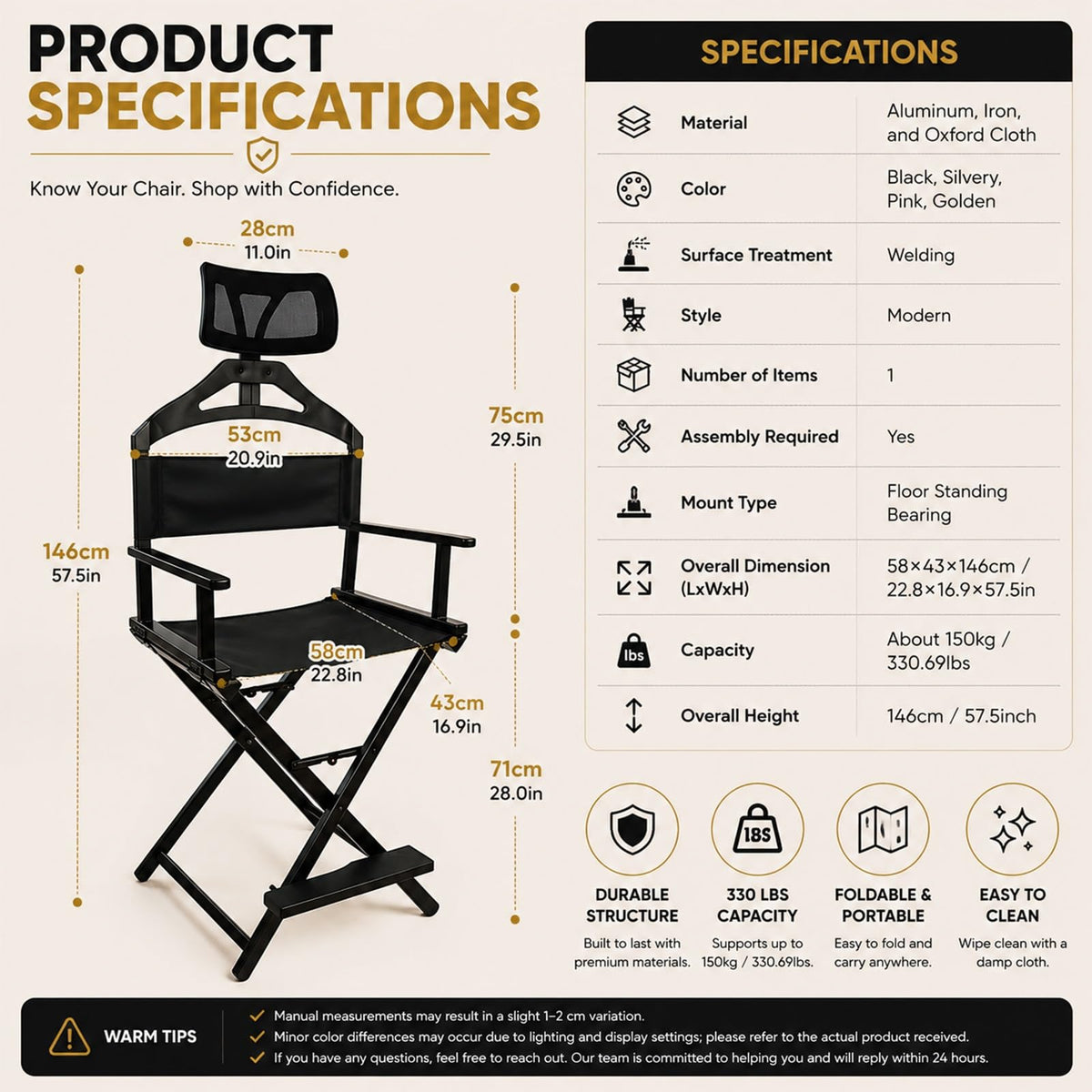 Extra Tall Aluminum Foldable Makeup Artist Chair B496