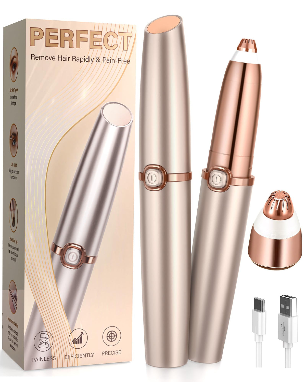 Rechargeable Eyebrow Trimmer with 2 Replacement Heads & LED Light A2486