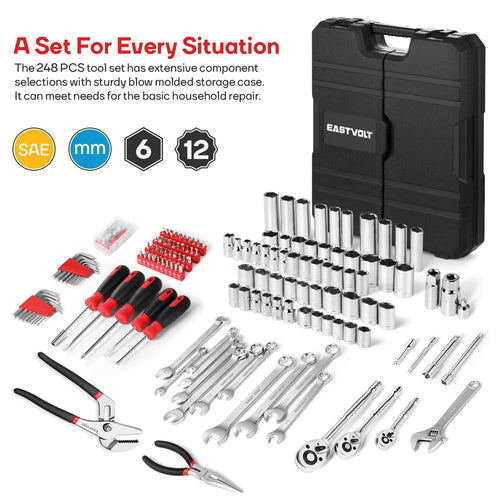 248 Pieces Mixed Sockets and Wrenches Hand Tool Set with Storage Case Y76689