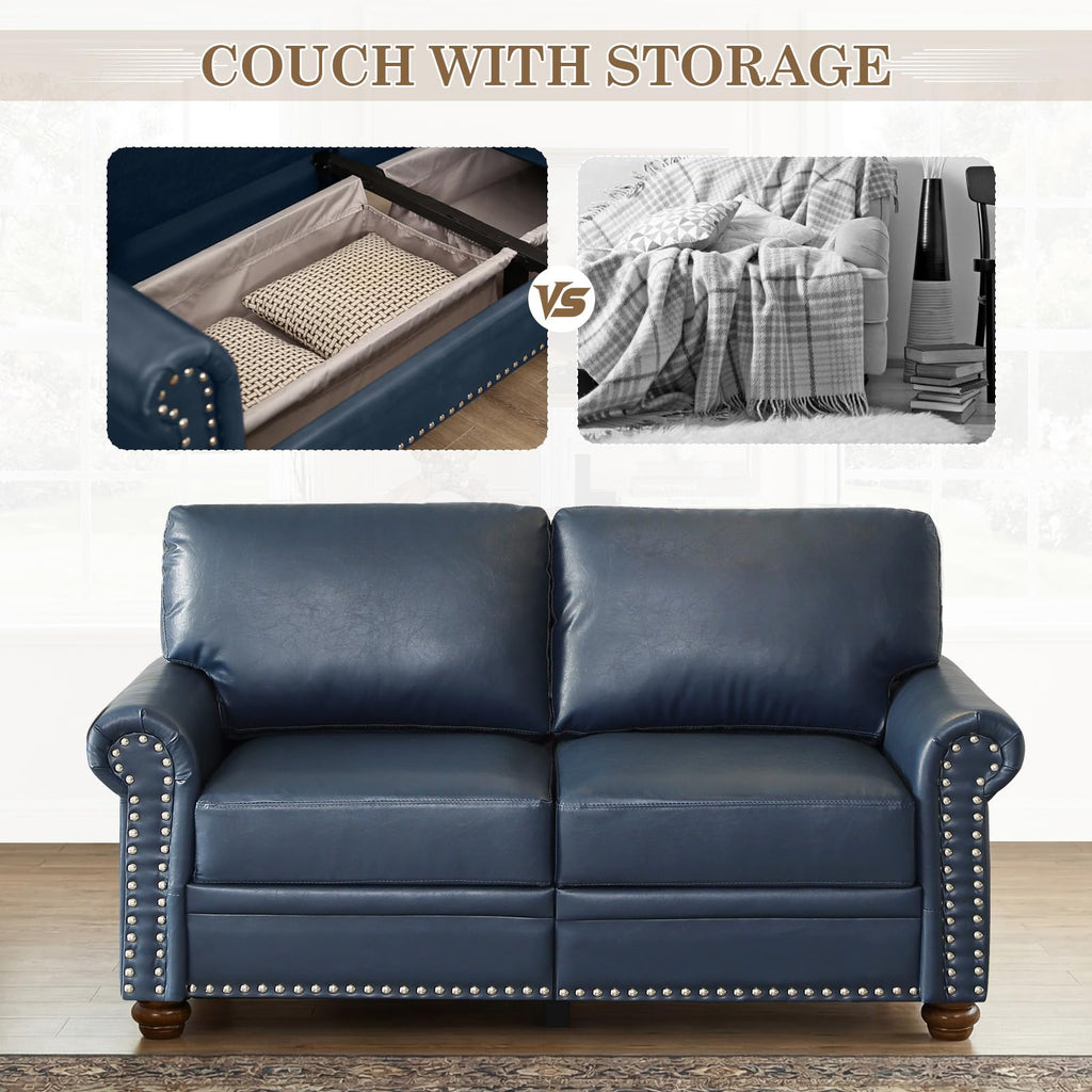 Navy Blue Faux Leather 2 Seater Sofa with Nailhead Trim K2358