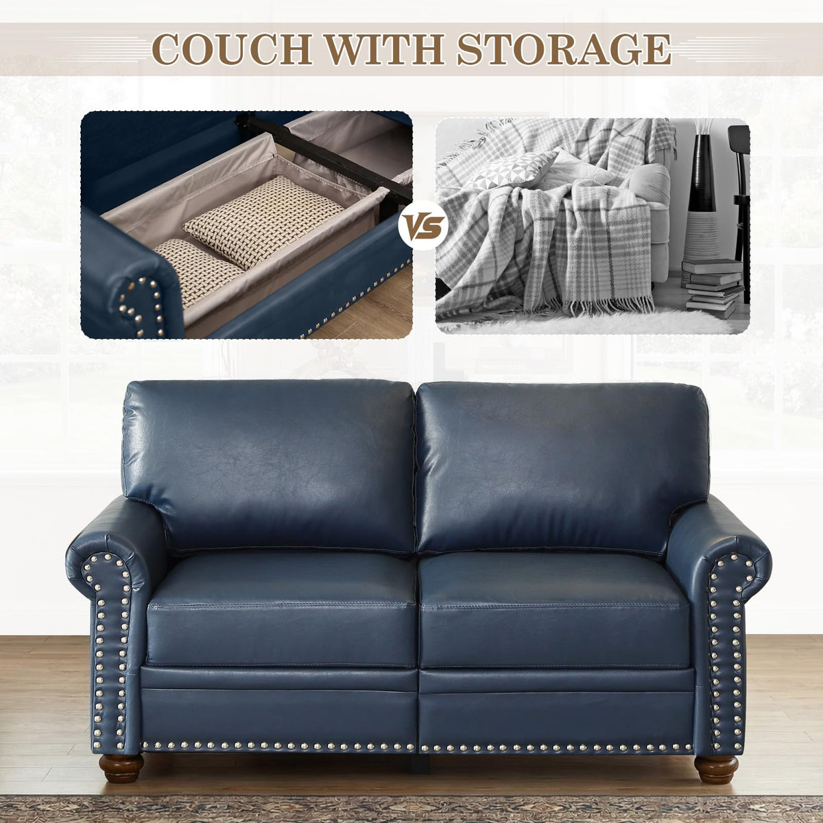 Navy Blue Faux Leather 2 Seater Sofa with Nailhead Trim K2358