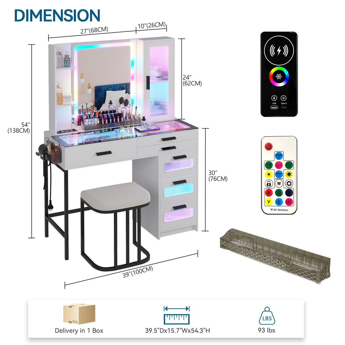 White Vanity Desk with Lighted Mirror and 6 Drawers J4831