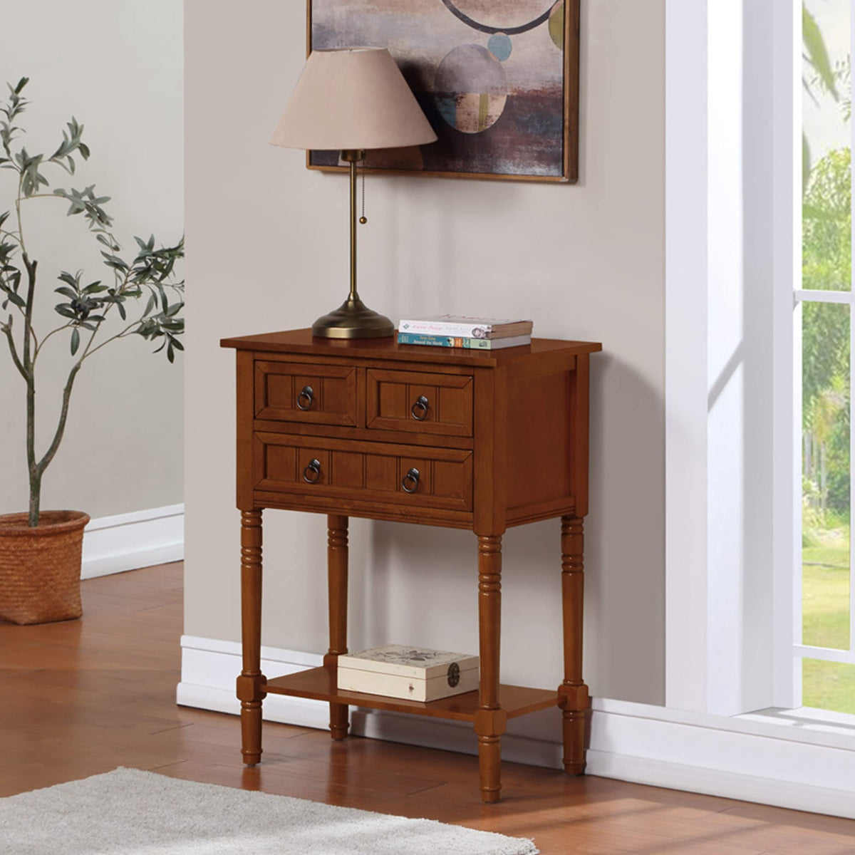 Cherry Hall Table with 3 Storage Drawers and Shelf S21160