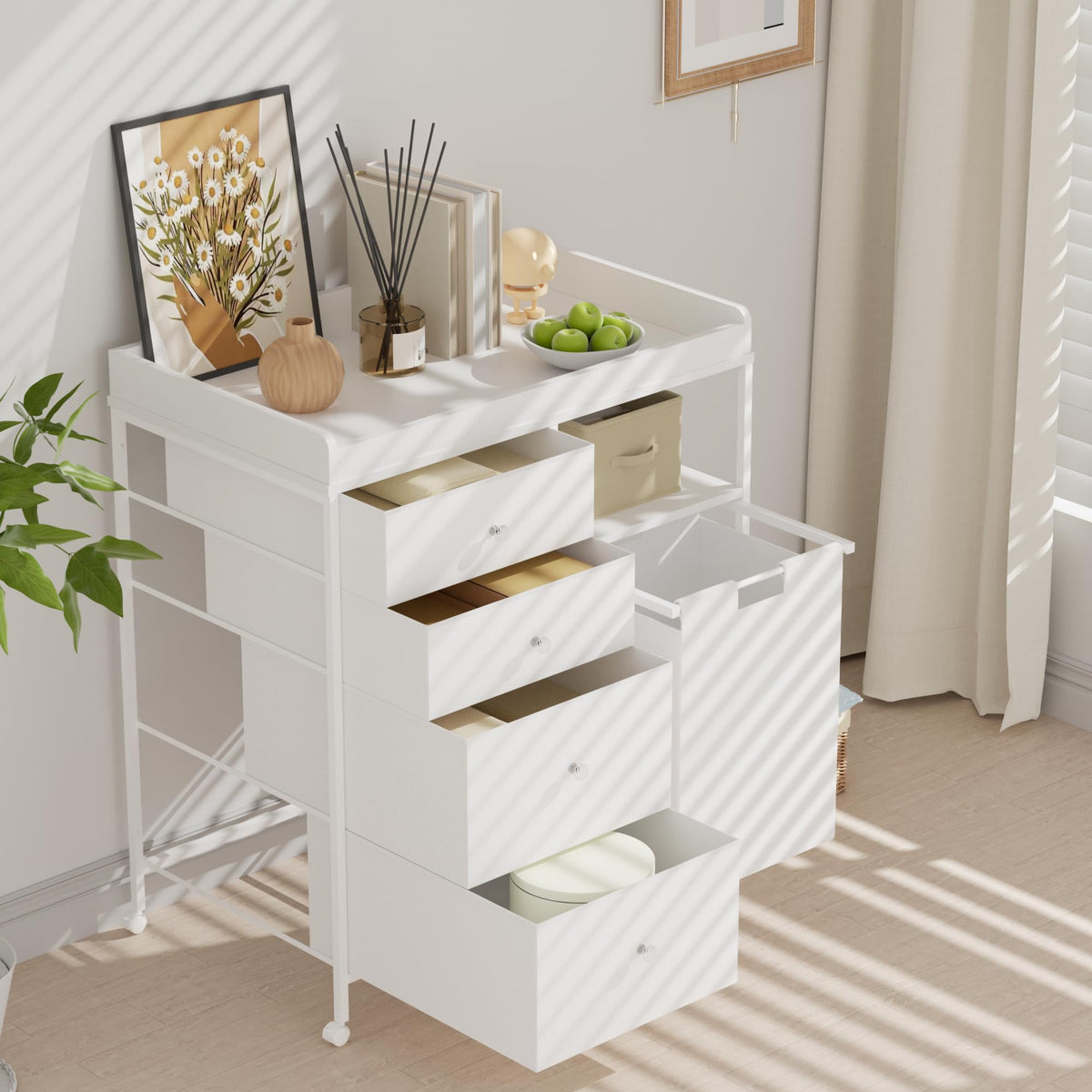 White 4 Drawer Changing Table Dresser with Laundry Hamper V159792