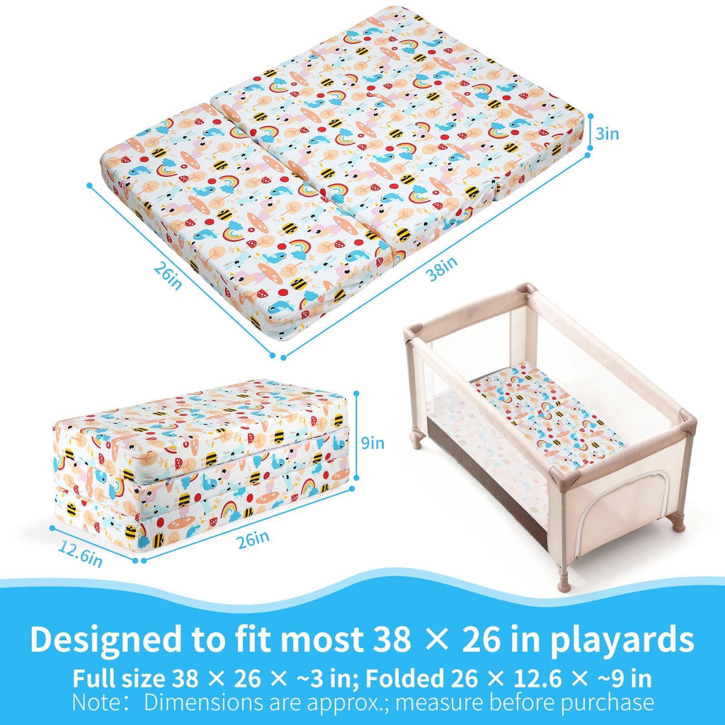Trifold Pack and Play Mattress 38x26, Dual Sided Foldable Waterproof Washable Portable Crib Mattress Topper with Carry Bag P584