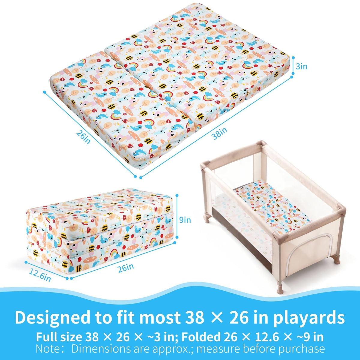 Trifold Pack and Play Mattress 38x26, Dual Sided Foldable Waterproof Washable Portable Crib Mattress Topper with Carry Bag P584