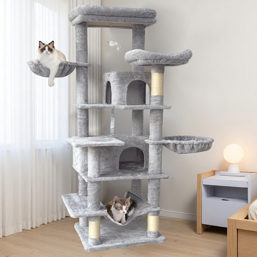 68 Inches Tall Multi-Level Cat Tree with Hammock and Light Gray F8458