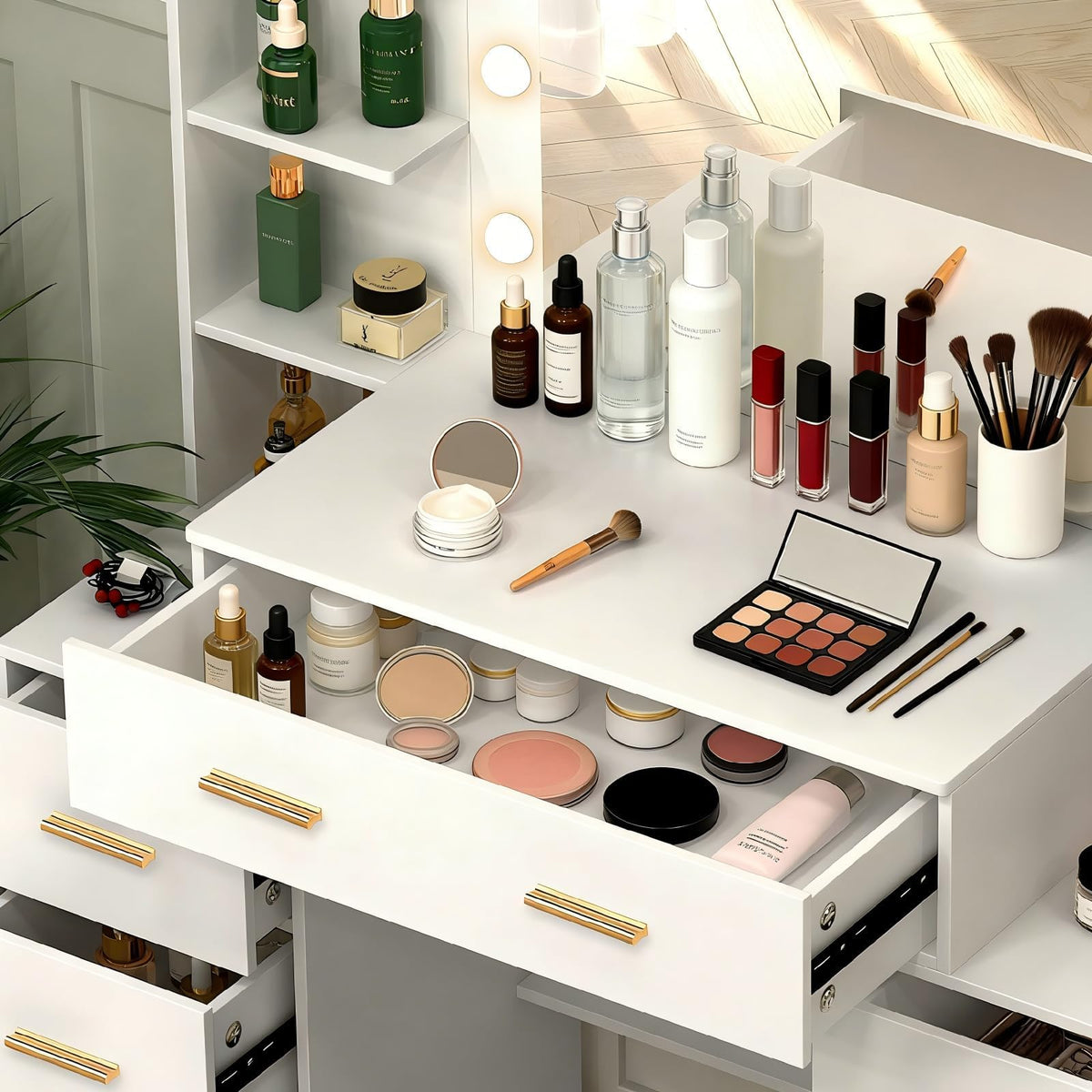 Makeup Vanity with Lights and Mirror, 7 Drawers, 6 Shelves, 10 Lights G3495