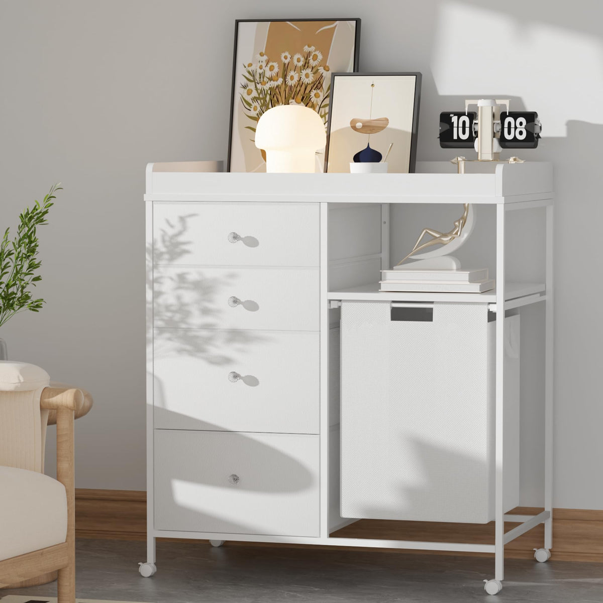 White 4 Drawer Changing Table Dresser with Laundry Hamper V159792