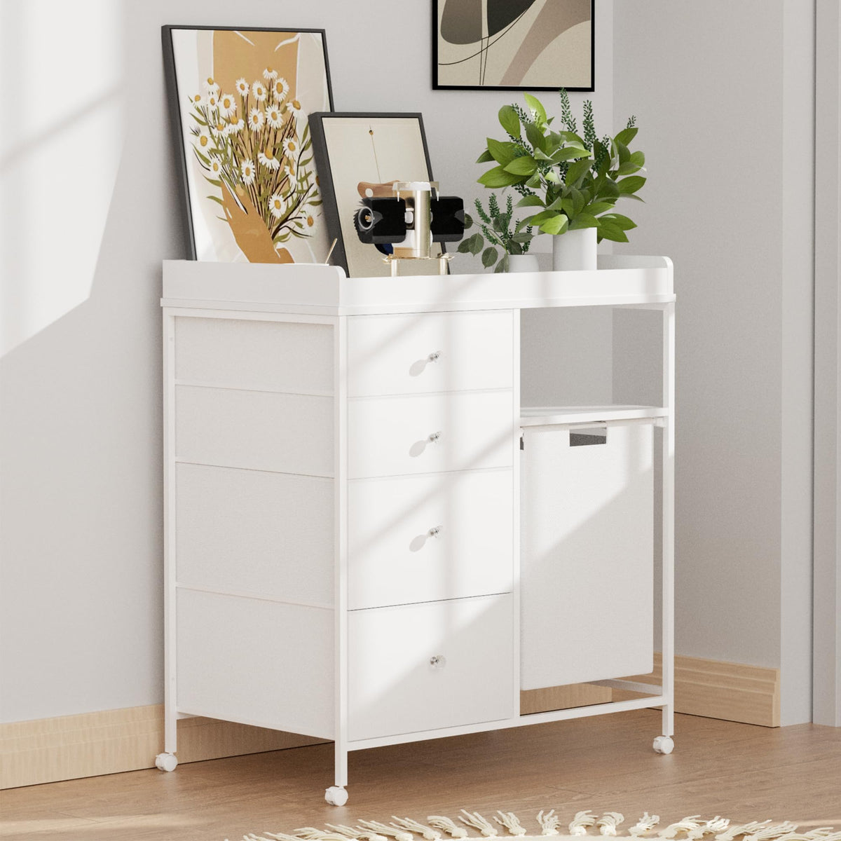White 4 Drawer Changing Table Dresser with Laundry Hamper V159792