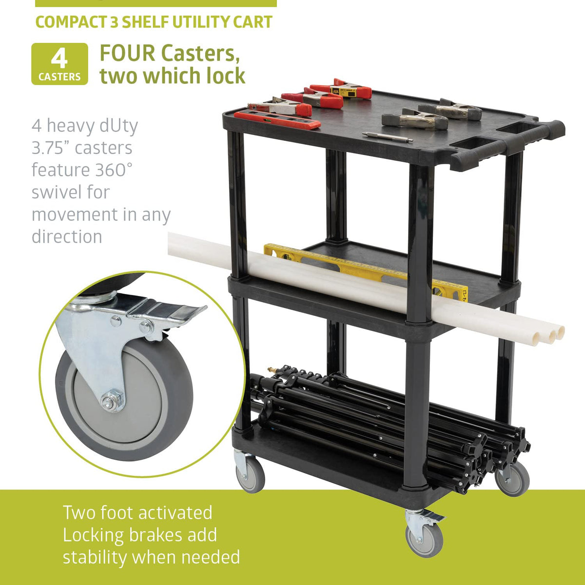 3-Tier Plastic Utility Cart with Lockable Wheels R832460