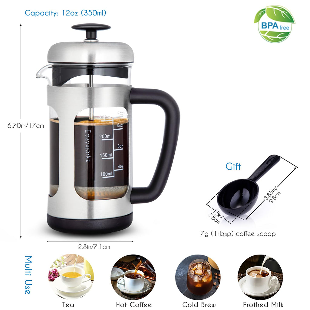 Stainless Steel French Press 12 oz with Measuring Coffee Spoon A8846