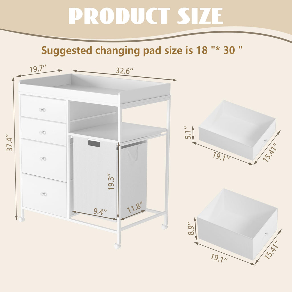 White 4 Drawer Changing Table Dresser with Laundry Hamper V159792