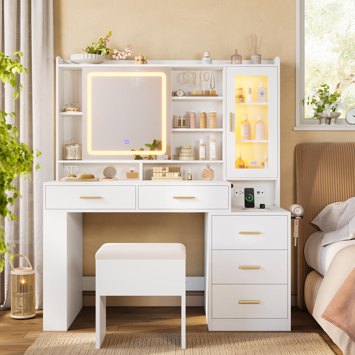 White Makeup Vanity Desk with Sliding LED Lighted Mirror A224056
