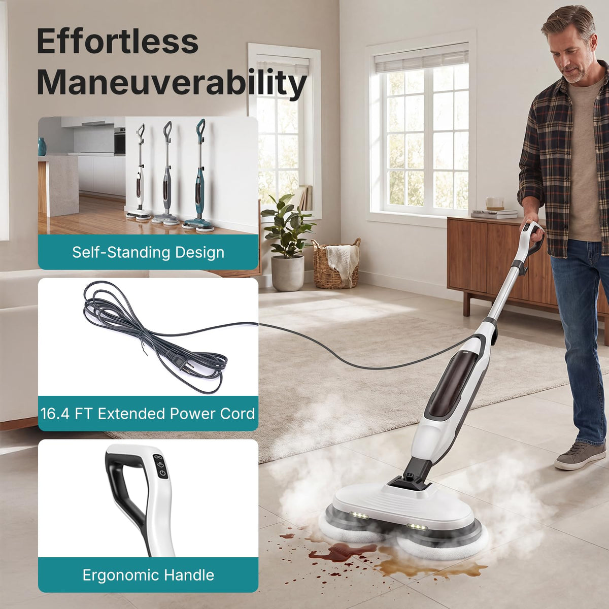 Steam Mop with Rotating Pads and 4 Cleaning Modes T246694