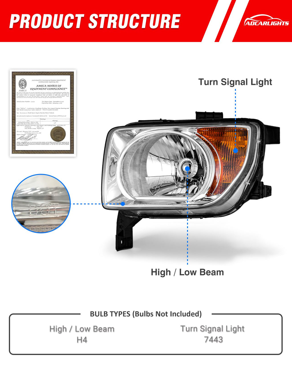 Honda Element 2003-2006 Headlight Assembly Chrome Housing Amber Reflector Driver and Passenger Side B9087