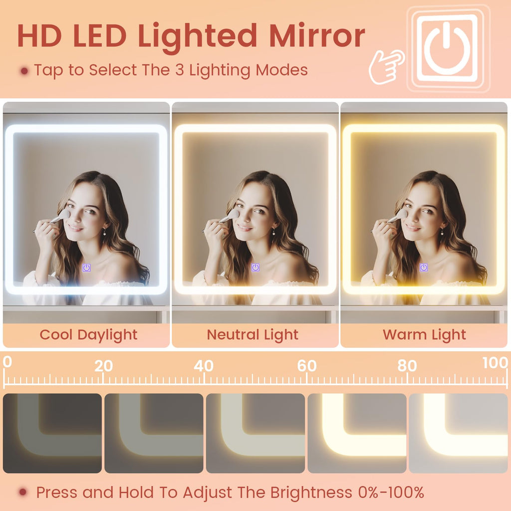 White Makeup Vanity Desk with Sliding LED Lighted Mirror A224056