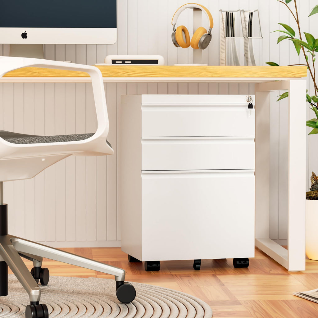 Fully Assembled 3 Drawer White Metal Rolling File Cabinet with Lock T1556