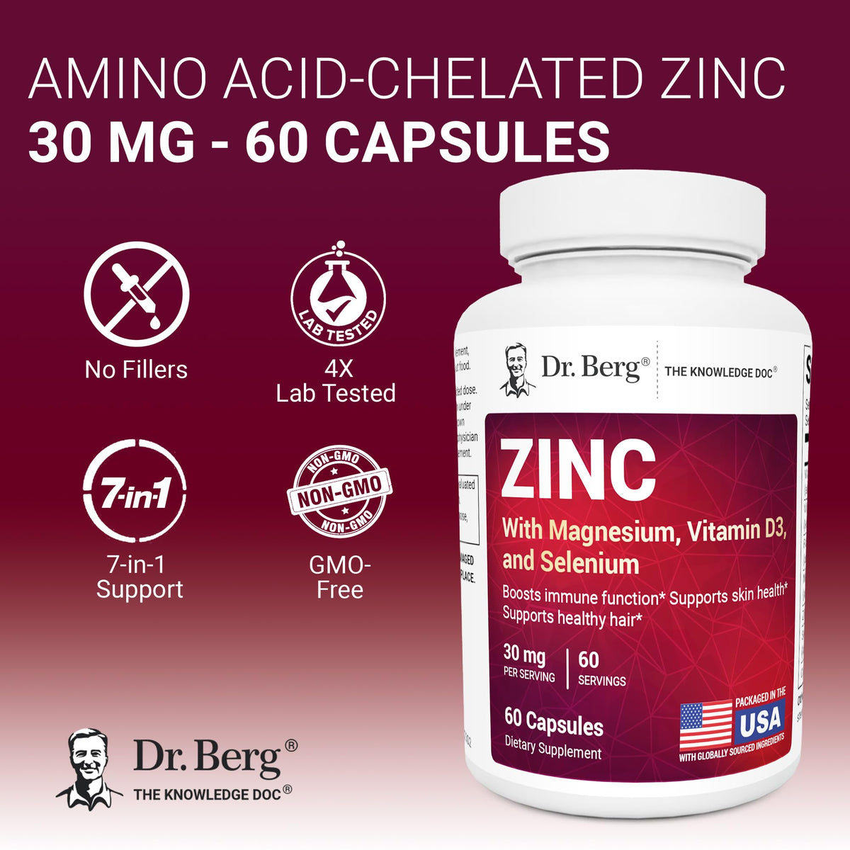 Zinc 30 mg 60 Capsules Chelated with Vitamin D & Selenium R295