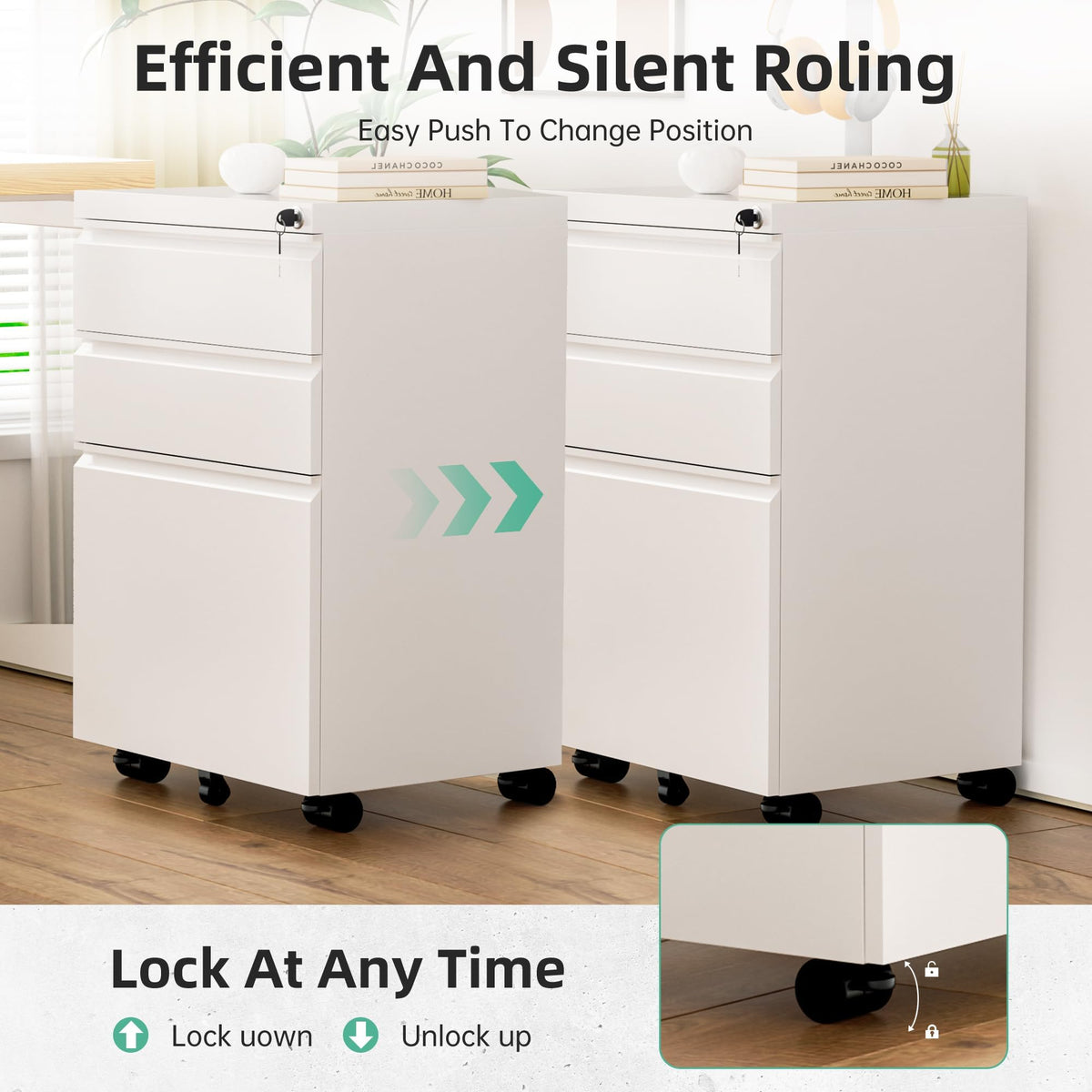 Fully Assembled 3 Drawer White Metal Rolling File Cabinet with Lock T1556