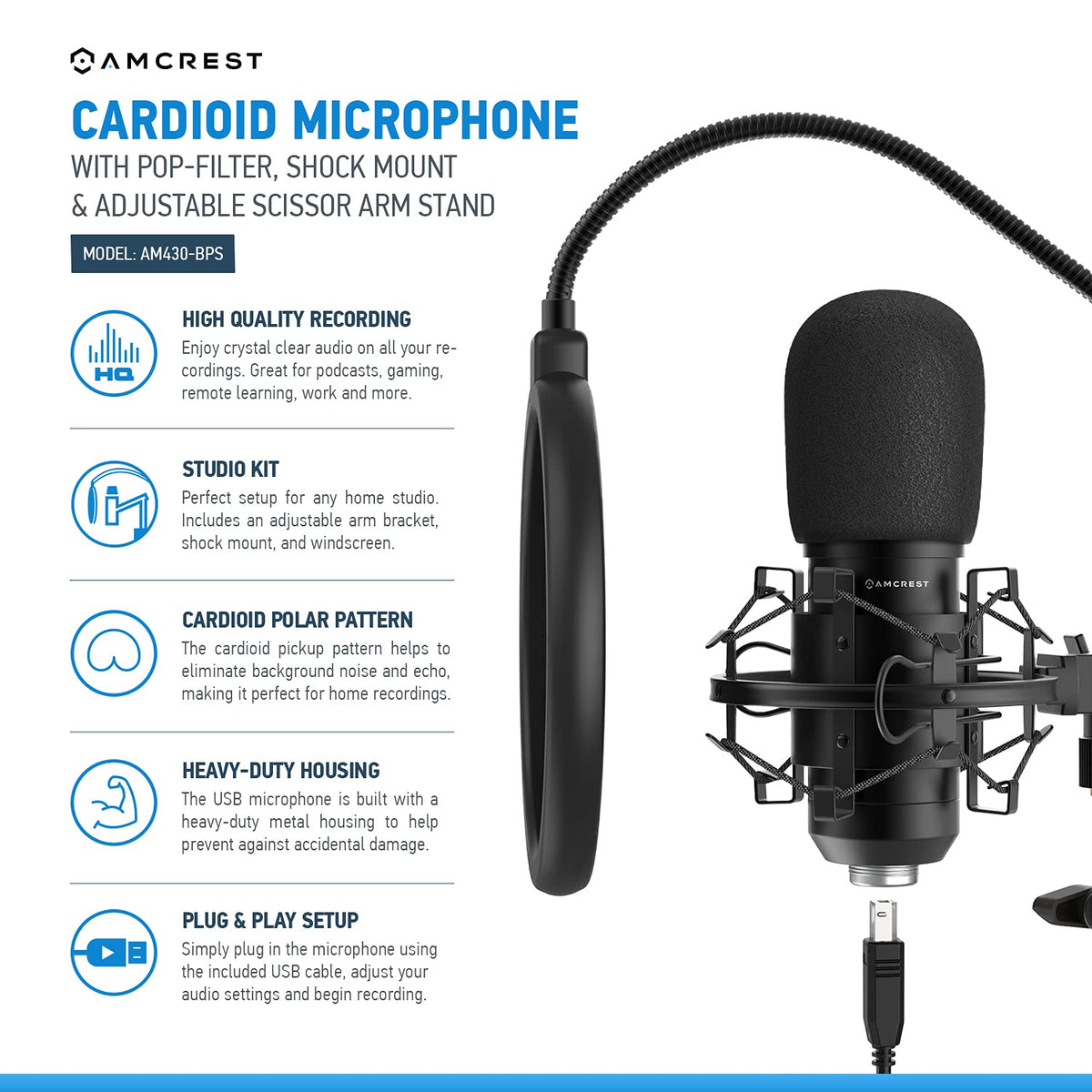 USB Microphone with Boom Arm, Pop-Filter, Shock Mount A239310