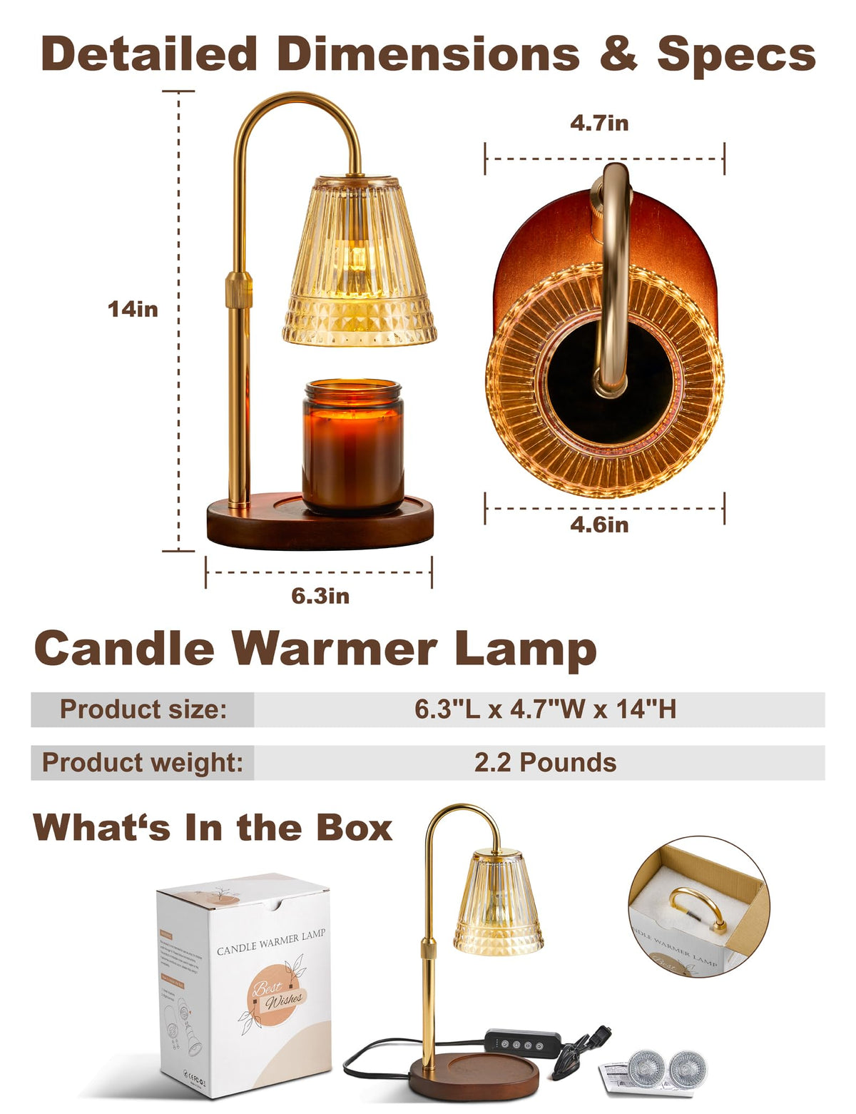 Candle Warmer Lamp with Dimmer & Timer, Adjustable Height, Amber-gold O598149